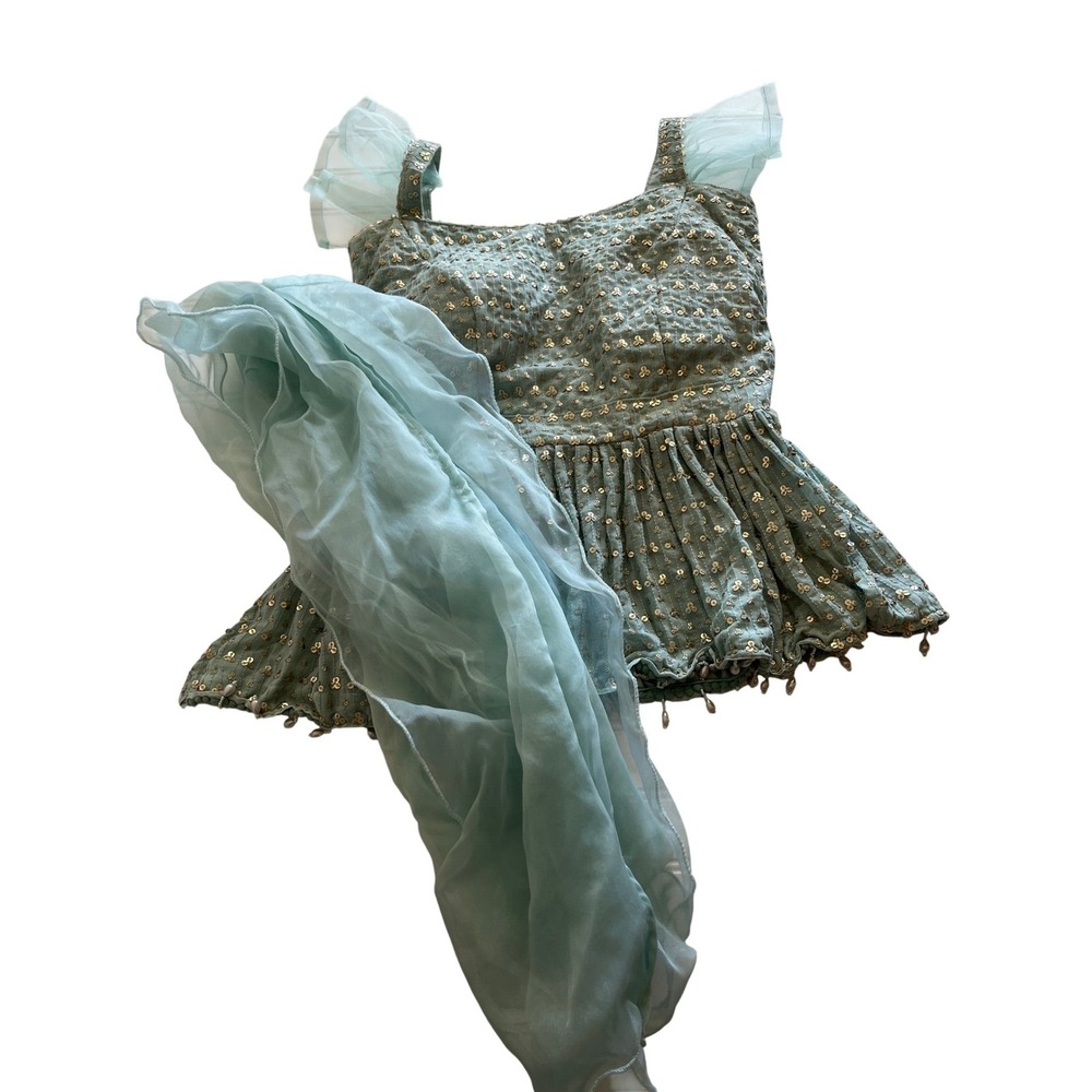 Indian Aqua Blue Gold Sequin Tunic Top Dupatta 2 Pc Wedding Party Formal**